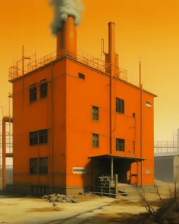 An orange colored mechanical factory with arrows painted by Birge Harrison