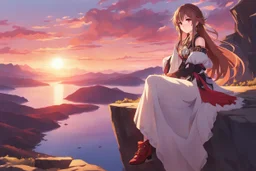 A woman from Genshin Impact, pale complexion and long brown hair, Her eyes are red with a diamond-shaped pupil, intricate background, intricate face, sitting on a cliff during sunset, contemplative, anime style, dynamic composition