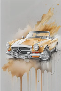 watercolor, zoom, soft, a detailed golden vintage cabriolet car, Mercedes Benz with white interior, graffiti elements, powerful zen composition, dripping technique, & the artist has used bright, clean elegant, with blunt brown border, 4k, detailed –n 9, ink flourishes, liquid fire, clean white background, zoom in, close-up,