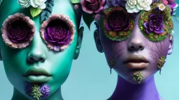 Surreal couple with flowering plants growing from the top of their heads and wearing jungle foliage for clothes; surreal, intricately detailed, beautiful, colorful