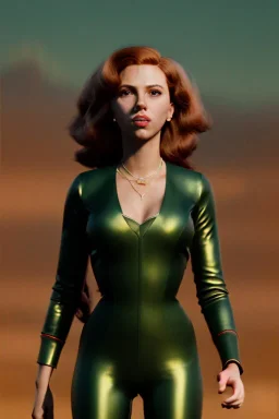 retro portrait image from 1960, Moscow background, wind, long red hair, fighting stance, sweet young Scarlett Johansson, classic tight lycra black suit, weapon, gold bracelet and belt, high heel boots, soft color, highly detailed, unreal engine 5, ray tracing, RTX, lumen lighting, ultra detail, volumetric lighting, 3d, finely drawn, high definition, high resolution.