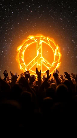 A field of random people rising hands up in a bright lighting , in the background a glowing a lot of of the universe stars and a huge circle of the peace sign with huge glowing fire’s texture