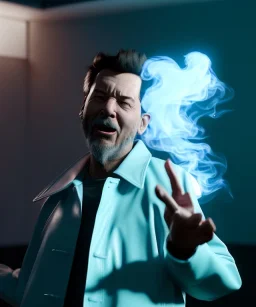 Ultra Realistic image, photo studio, medium shot view, a woman making the fuck off gesture with his finger, blue smoke coming out of his nose and mouth, happy. Latex inflatable coat, soft color, highly detailed, unreal engine 5, ray tracing, RTX, lumen lighting, ultra detail, volumetric lighting, finely drawn, high definition, high resolution.