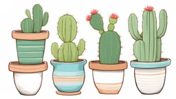 Cactus in pot in a row filled the area in style of drawing on a white background