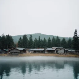 A polaroid photo of an odd room with structures. There is a group of fir trees in the background and a high hill in the distance. A lake. The surface below is in a pastel color. Fog is present.