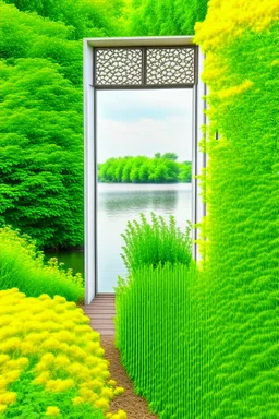 A white door open behind a green garden and yellow flowers and a high-definition river.