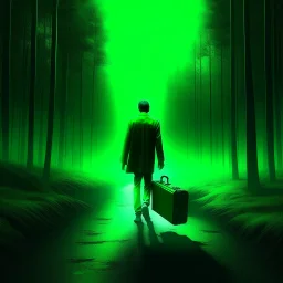 leaving home , a lonely figure with a suitcase, on a road from a dark neon city to an forest in the distance bathing in green light