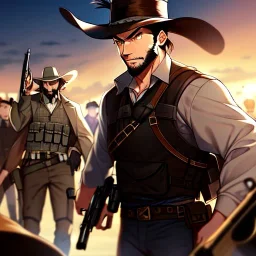 Clear Focus, High resolution, gunslinger, Bearded, short brown hair, serious eyes,
