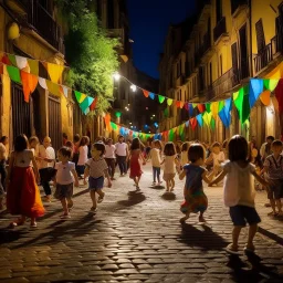 noche de fiesta celebrada en medio de la calle, banderines, bombillas eléctricas de colores, papel picado, niños jugando y bailando, al estilo de alphonse mucha