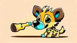 Cute chibi-style hyena dog, eating a big bone, cartoony, colorful, exaggerated, simplified, adorable