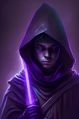 A dark Jedi, handsome and cute, hooded, dark aura, purple lightsaber