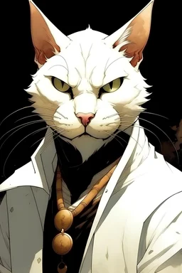 create a Khajiit White Cat antihero, in the comic book style of Mike Mignola, Bill Sienkiewicz, and Jean Giraud Moebius, with highly detailed skin and masculine facial features, dramatic natural lighting, and finely painted finely inked , dramatic natural lighting