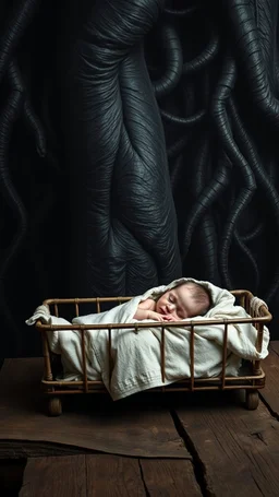 A gorilla in the background of black vein, human veins, mixing together a lot of them, like a forest, big and small veins a lot of them, a baby sleeping in a crib covers with blankets on an old broken wooden table