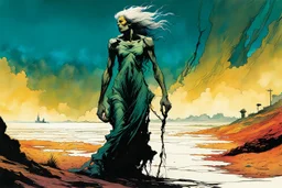 create an imaginative full body print illustration of an ethereal, otherworldly gaunt and withered ancient female Striga monster, in the comic book art style of Bill Sienkiewicz, Mike Mignola, and Jean Giraud Moebius, with highly and finely inked