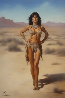 head to waist - native American Indian sports illustrated swimsuit model - Joan Collins - craggy desert wasteland background, 32k, UHD, Hyper-realistic oil painting by Gerald Brom