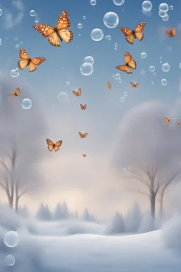 Butterflies and bubbles flying up to the sky in winter