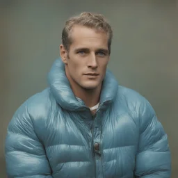 Actor paul newman, blue, autochrome, plastic puffy jacket