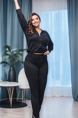 full body of very beautiful girl gean pants and blouse , curvy hair ,standing idle happy pose in studio pretty makeup,perfect face,sport shoes