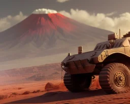 wide angle of Gi joe driving A lunar armored rover with tracks and claw and orange, troops, volcano in background, White headlights