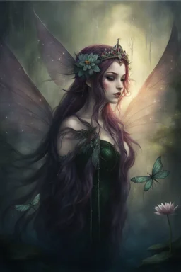 Red hair , dark red, dark Fairy wings Purple hair,water lilies,dark fairy ,ldark red hair princess,nymph,elven crown,dragonflies,tiara,,gothic,glitter,rapunzel hair, very long hair,green eyes