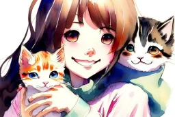 A cute smiling manga girl is holding a kitten. Watercolour