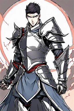 Armored Male Knight by manhwa or korean webtoon style there are lightning and blood spurts around the man his face pointed at the camera and with a serious look he lets his opponent know that it's his turn