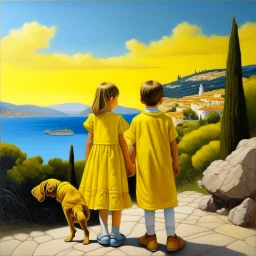 Neoclassicism realistic yellow cote d'azur landscape sea 2 childeren standing with dog