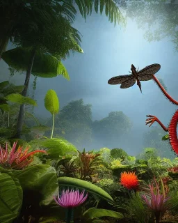 large venus fly trap with teeth eating a dragonfly, flowers, jungle, hyperrealistic, trees in background, digital art, alien like, disgusting, intricate, morbid, rainy, sinister, volumetric lighting, unreal engine, high resolution, 8k, depressing colors, dark colors,