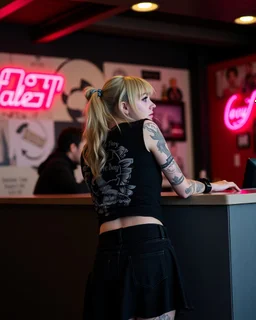 punk emo girl leaning back from while holding onto a reception desk