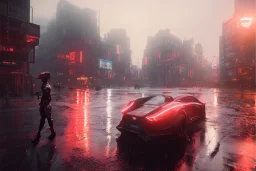 3D, beautiful, light reflecting, empty city at night, rainy night, neon, cyberpunk, tron, person with helmet walking