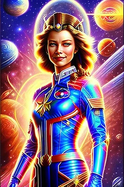 cosmic woman smile, admiral from the future, one fine whole face, crystalline skin, expressive blue eyes,rainbow, smiling lips, very nice smile, costume pleiadian, Beautiful tall woman pleiadian Galactic commander, ship, perfect datailed golden galactic suit, high rank, long hair, hand whit five perfect detailed finger, amazing big blue eyes, smilling mouth, high drfinition lips, cosmic happiness, bright colors, blue, pink, gold, jewels, realist, high commander