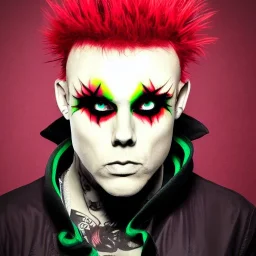 Keith Flint symmetric geometric portrait, 3d anime , green hair, black metal facepaint, red eyes