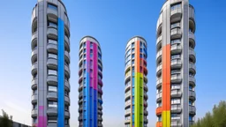 Tall cylindrical buildings dominate the scene, each constructed from light gray concrete. The structures are distinctive, punctuated diagonally by a series of circular windows, some partially open, contributing to the modern, industrial aesthetic of the image. Across the facade are vibrant, pixelated rainbow stripes, their colors shifting from red and orange at the bottom to blue and violet at the top. This striking optical effect adds a dynamic sense of movement and contrast to the otherwise mo
