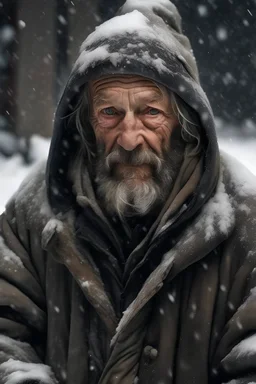A homeless man real person, in the snow storm