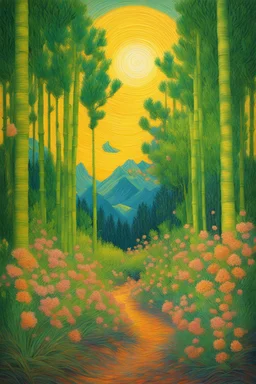 A lime green forest filled with flowers and bamboo trees in sunset designed in Navajo woven art painted by Van Gogh, Busch painting style ,
