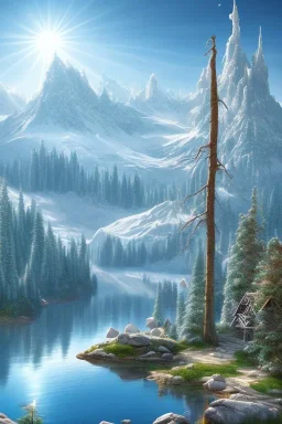 mountain with ice-cream on top, lake, trees, mystical, Post-painterly abstraction