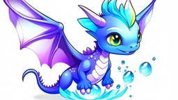 cartoon illustration: a cute ice dragon with big shiny eyes and two purple crystal wings. The dragon is flying.