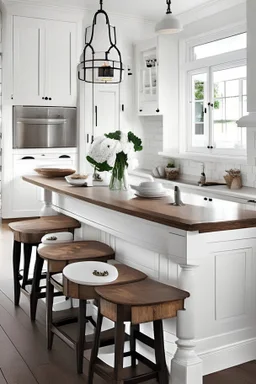 cocina blanca con bancada en madera y campana decorativa. añade una barra y 4 taburetes