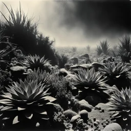 A striking quality Kodak close-up photograph captures a wasteland with groups of plants, creepy, details of the dust very accentuated, glossy, organic, adorned with minerals and rocks. Bathed in intense light, eerie, Max Ernst style, black sun, fog