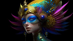 A seductive and opulently adorned fish-like alien queen, she exudes elegance and charm amidst her aquatic surroundings: shiny, pearl-like scales in shades of opalescent pink and gold, graceful yet fluid fins, and hauntingly mesmerizing eyes that exude a mysterious allure. . This striking image is a digitally rendered portrait, displaying intricate details and vivid colors that really pop off the screen.