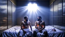 full figure shot photography of two arab prisoners in cell sitting on the edge of a bed talking, muscular hairy chubby 45 years old,long beard, low lights, misery and poverty, in undershirt and boxers, little light enters from a skylight above, lights from above, photorealistic, ambient occlusion, front view from below