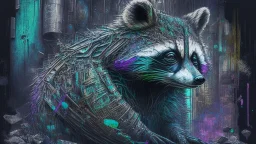 Graffiti trash panda; neo-surrealism dystopian eldritch elegant fantastical intricate hyperdetailed holographic magnificent meticulous mysterious ominous