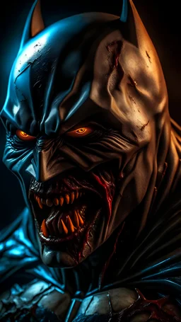 Dramatic batman as a zombie covered in wounds and blood all over and opened its mouth showing its teeth and ready to bite, lightning on the background, cinematic, extreem realistic, extreem detailed, extreem Sharp, middle close-up shot