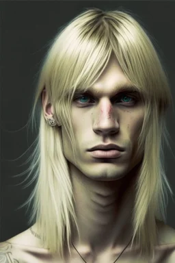 Long blond straight hair with bangs, neck tattoos, blind, round face, man