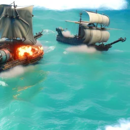 Two pirate ships fight each other at sea. Firing cannons. One ship is hit and burns after being hit.