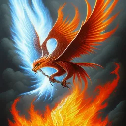 a phoenix whose one wing is made of water and one wing made of fire, phoenix bird, realistic, intricately detailed