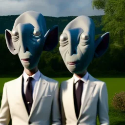 Portrait of two grey aliens wearing tuxedos with an idyllic countryside manor background, realistic 4k