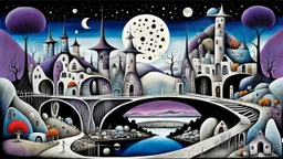 whimsical weird houses stand in village in weird whimsical landscape with long two bridges, surreal vibe with abstractions, around surreal cracked painted weird land with rocks, trees, two moon, deep dark purple, gray, black, white, brown pale blue colors. style of Chagall , of Minjae Lee and Tim Burton, absurd beauty picture. weird bizarre absurd, nightmare, big neuron network clouds background and thin bridges, too big, too elongated shapes, psychedelic dream