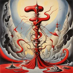 Caduceus in the backdrop of a crimson nightmare, by Yves Tanguy, by Gerald Scarfe, asymmetric surrealism, sharp focus, geometric dreamscape, complimentary primary colors, double helix figure, snake alf