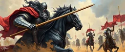 knights and lances tournament, horses hit hard, oil and airbrush, epic fantasy illustration, black giant with steel gauntlets
